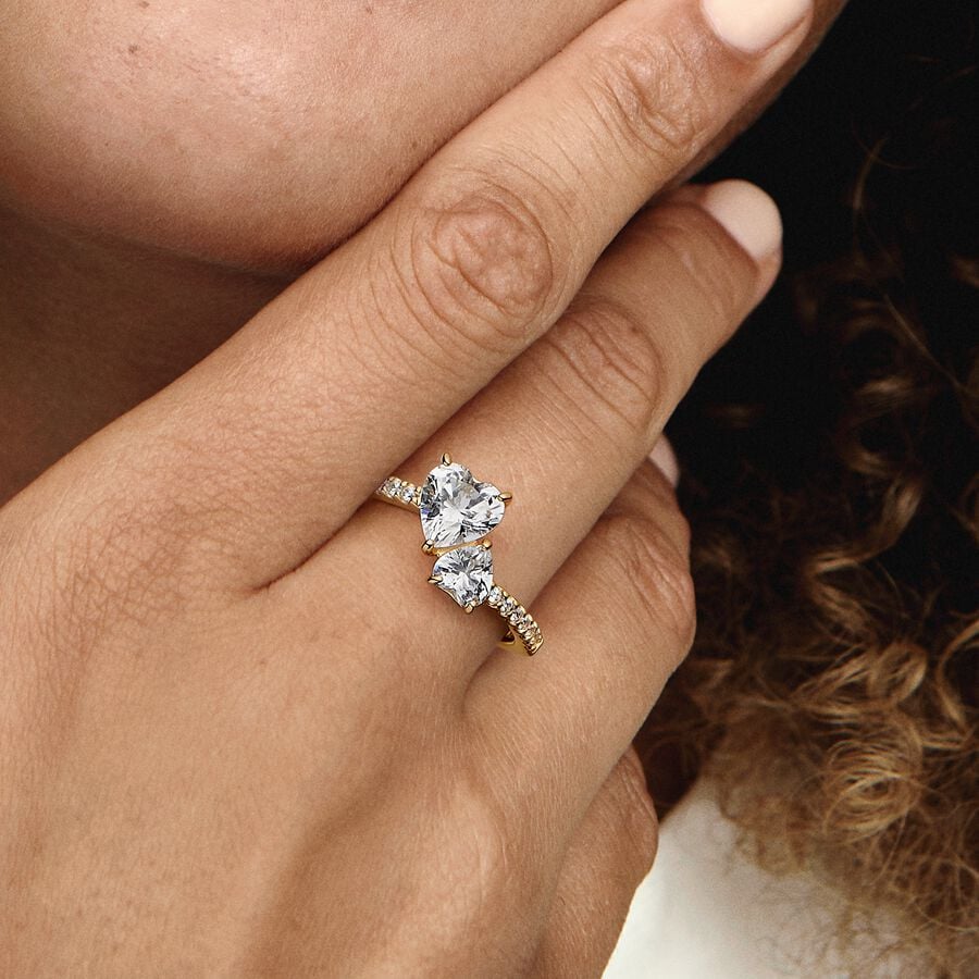 Pandora Double Heart Sparkling Ring Gold