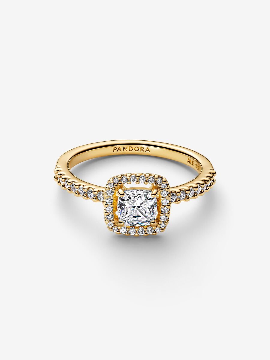 Sparkling Square Clear Halo Ring 14k gold plating